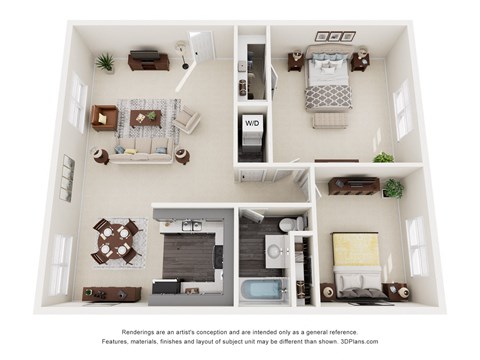 a 3d floor plan of a house with furniture and a balcony